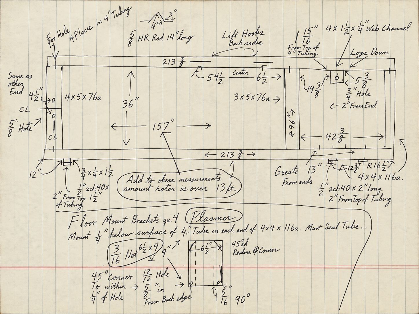 Hand-drawn dimensioned frame sketch on ruled paper