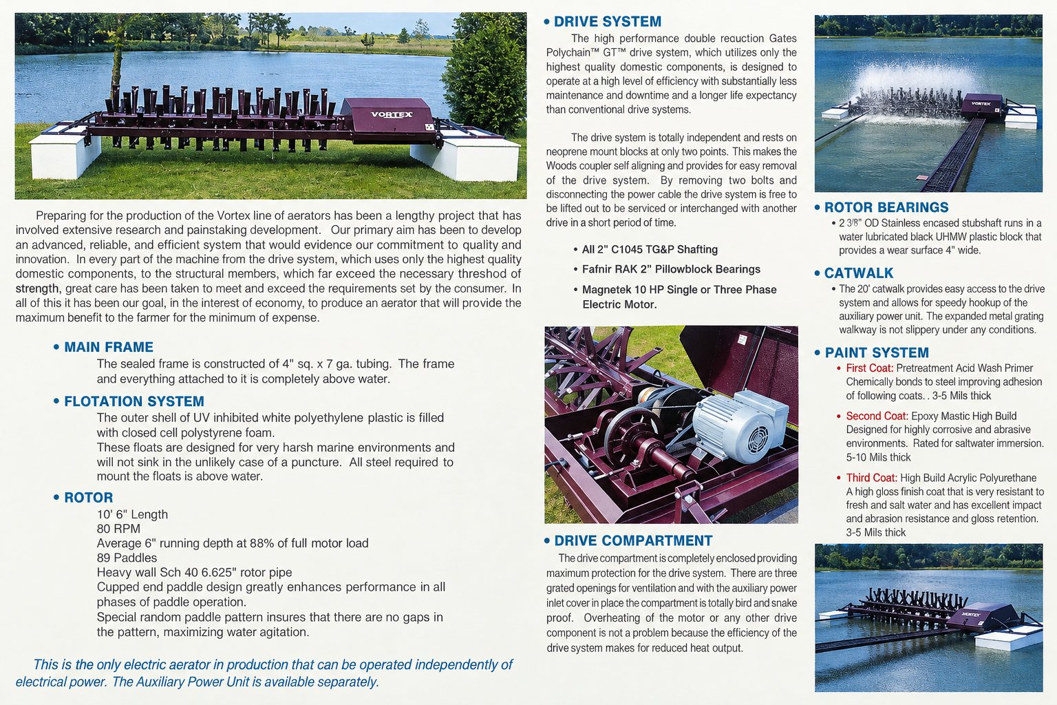 Vortex brochure inside spread: main frame, flotation, rotor, drive system and paint system