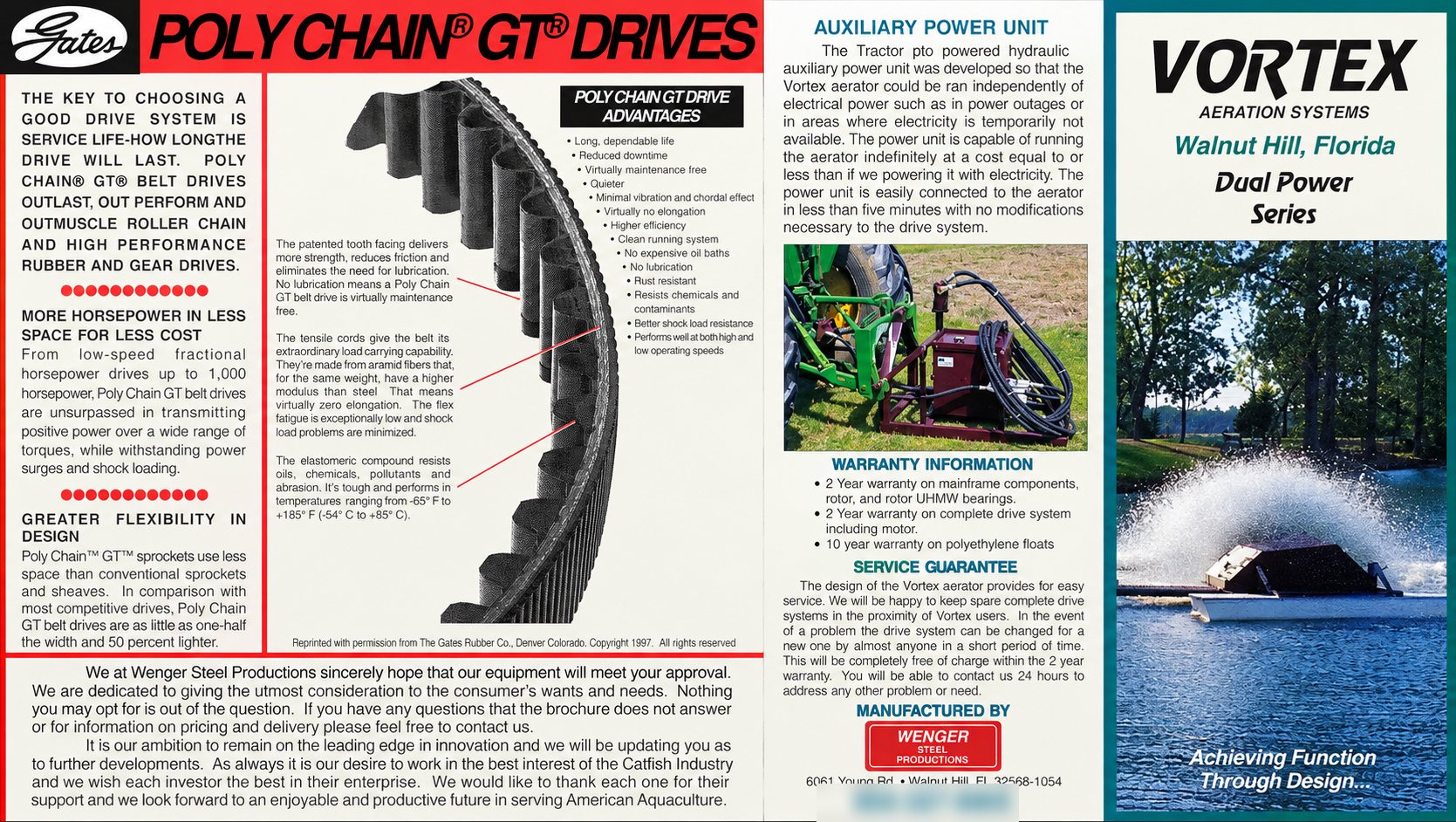 Vortex brochure back: Gates Poly Chain drive, auxiliary power unit on a tractor, warranty and service guarantee